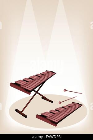 Musikinstrument, eine Abbildung von zwei Vintage Xylophon und zwei Schläger auf braune Bühne Hintergrund mit textfreiraum für Text-Dec Stock Vektor