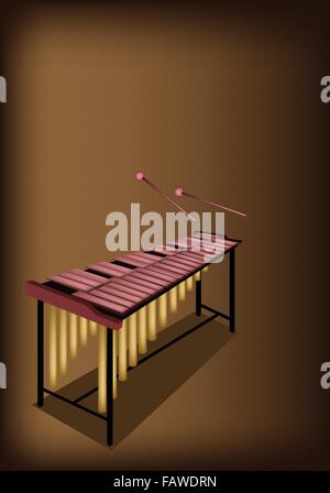 Musikinstrument, eine Illustration des Vintage Marimba und zwei Schläger auf schönen dunklen braunen Hintergrund mit textfreiraum für Text Stock Vektor