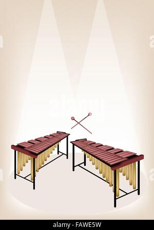 Musikinstrument, eine Abbildung von zwei Vintage Marimba und zwei Schläger auf braune Bühne Hintergrund mit textfreiraum für Text-Dekor Stock Vektor