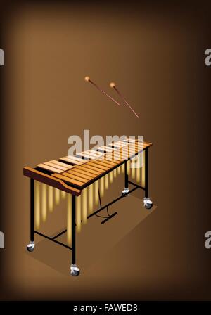 Musikinstrument, eine Illustration des Vintage Vibraphon und zwei Schläger auf schönen dunklen braunen Hintergrund mit textfreiraum für Te Stock Vektor