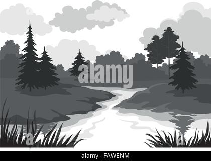 Landschaft, Bäume, Fluss silhouette Stock Vektor