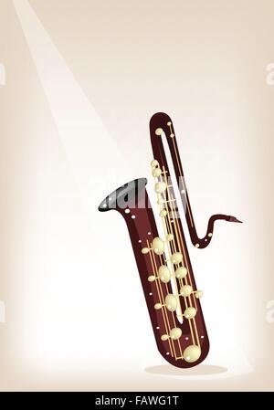 Musikinstrument, eine Illustration braun Farbe des goldenen Vintage Bass Saxophon auf braune Bühne Hintergrund mit textfreiraum für Tex Stock Vektor