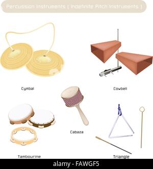 Abbildung braun Color Collection Vintage unbestimmte Tonhöhe Instrumente, Becken, Cowbell, Tamburin, musikalische Triang Stock Vektor