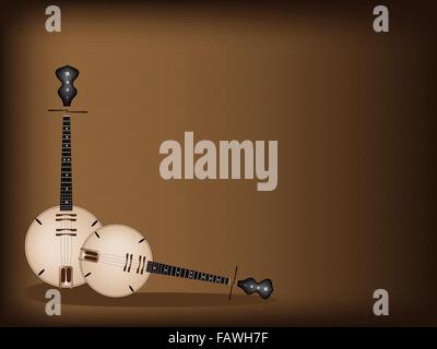 Musikinstrument, eine Illustration braun Farbe Banjo oder Dan Jens auf schönen dunklen braunen Hintergrund mit textfreiraum für Text Stock Vektor