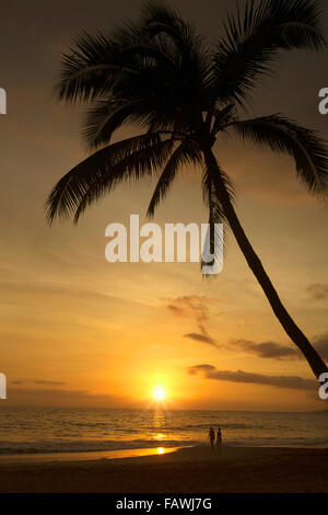 Paare, die bei Sonnenuntergang am Strand; Kihei, Maui, Hawaii, Vereinigte Staaten von Amerika Stockfoto