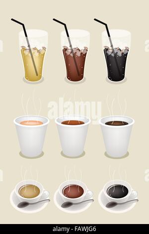 Iced Coffee, heißen Kaffee und Kaffee zum mitnehmen auf Retro-braunen Hintergrund für Kaffee-Zeit Stock Vektor