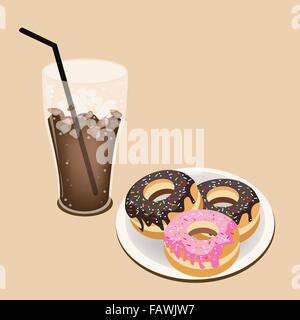 Kaffee-Zeit, ein Glas Eiskaffee oder Cola serviert mit köstlichen süßen Donuts, Schokolade und Erdbeer Toppings Stock Vektor