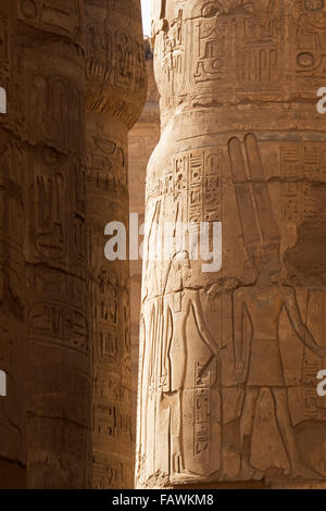 Hieroglyphen auf Spalten der großen Säulenhalle im Bezirk des Amun-Re in Karnak Tempel Complex, Luxor, Ägypten Stockfoto
