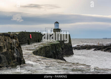 Hafenmauer mit Leuchtturm am Ende in das hübsche Fischerdorf Dorf Pittenweem auf der Küste von Fife, Schottland Stockfoto