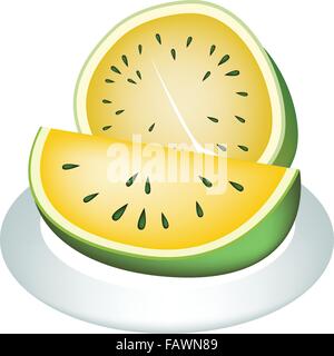 Frisches Obst, eine Illustration des frischen gelben Wassermelone, Scheibe Wassermelone und Wassermelone Querschnitt A schöne weiße Stock Vektor