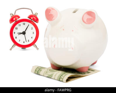 Sparschwein mit Geld und Wecker Stockfoto