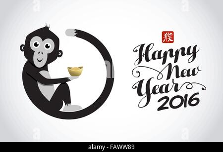2016 frohes neues Jahr des Affen. Schwarz / weiß Grußkarte Abbildung, niedlichen Cartoon Affen halten Barren. EPS10 Stock Vektor