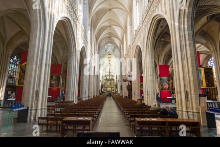 Kirchenschiff mit Bänken von der Liebfrauenkathedrale (Onze-Lieve-Vrouwekathedraal) in Antwerpen, die größte gotische Kirche in Belgien. Stockfoto