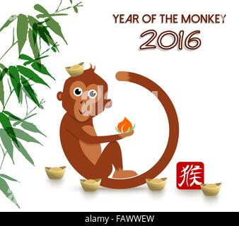 2016 frohes neues Jahr des Affen. Niedlichen Cartoon Affen Spaß Illustration mit Pfirsich und Barren als Hut. EPS10 Vektor. Stock Vektor