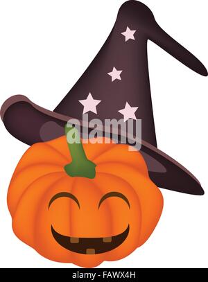 Happy Jack-o-Lantern Kürbis trägt einen schwarzen Hexenhut, Isolated on White Background für die Halloween-Feier Stock Vektor