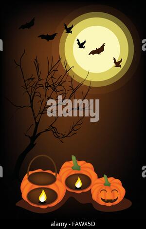 Halloween-Hintergrund von Jack-o-Lantern Kürbis und Kürbis Körbe mit Kerzenlicht, Zeichen für die Halloween-Feier Stock Vektor