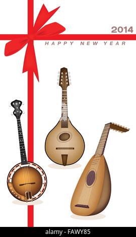 Eine Abbildung von einem schönen antiken Musical Instrument Saiten, Bluegrass Mandoline, Banjo und laute auf 2014 Neujahrskarte Stock Vektor