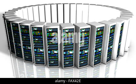 Terminal-Monitor im Serverraum mit Server-Racks im Rechenzentrum Interieur Stockfoto