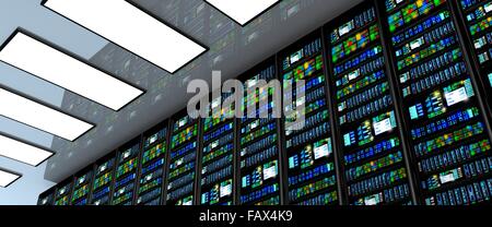 Terminal-Monitor im Serverraum mit Server-Racks im Rechenzentrum Interieur Stockfoto