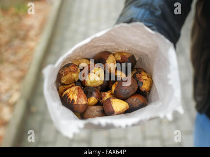 Mann, hält frische geröstete Kastanien in Papiertüte. Stockfoto