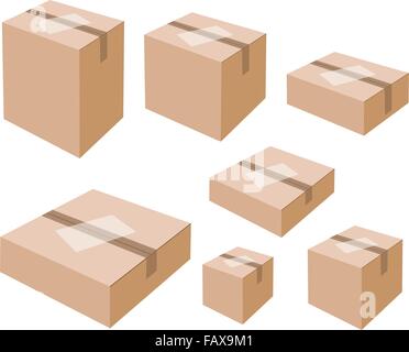 Verschiedene Größe der versiegelten Karton mit leeren weißen Aufkleber Isolated on White Background, für den Versand bereit. Stock Vektor