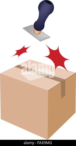 Griff Stamper bereit zum Stempeln auf White-Label und versiegelten Pappkarton, Isolated on White Background. Stock Vektor