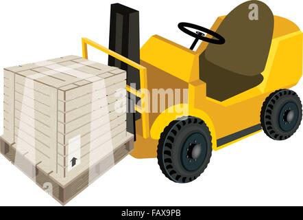 Angetriebene industrielle Gabelstapler, Gabel schwere Maschine, Gabelstapler oder Hubwagen Laden einer Holzkiste oder Cargo-Box in Plastikfolie eingewickelt Stock Vektor