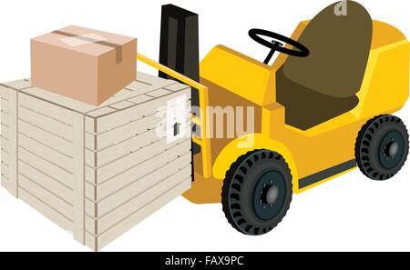Angetriebene industrielle Gabelstapler, Gabel schwere Maschine, Gabelstapler oder Lift Truck Loading A Holzkiste oder Cargo-Box und versiegelten Cardboa Stock Vektor