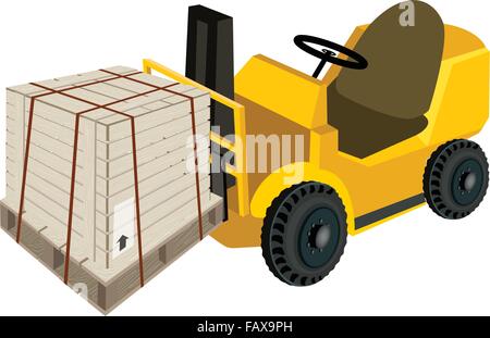 Angetriebene industrielle Gabelstapler, Gabel schwere Maschine, Gabelstapler oder Hubwagen Laden einer Holzkiste oder Cargo-Box verpackt in Stahl B Stock Vektor