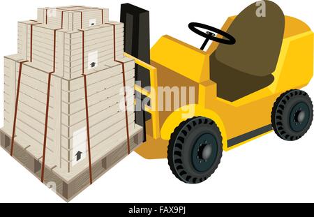 Angetrieben industrielle Gabelstapler, Gabel schwere Maschine, Gabelstapler oder Aufzug-LKW-Beladung drei Holzkisten oder Cargo-Boxen verpackt in Stock Vektor