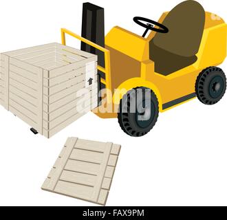 Angetriebene industrielle Gabelstapler, Gabel schwere Maschine, Gabelstapler oder Hubwagen laden eine offene Holzkiste oder Cargo-Box verpackt in P Stock Vektor