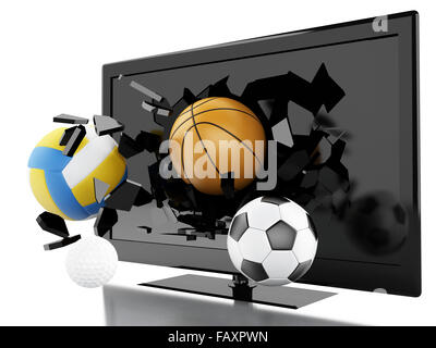 3D Renderer Abbildung. Sport-Kugeln Fernsehbildschirm zu brechen. Live-Sport-Konzept Stockfoto