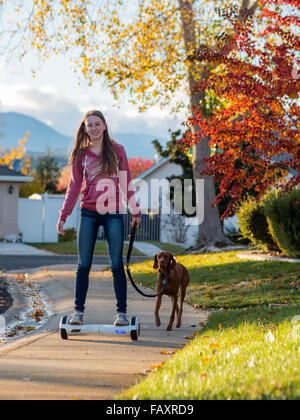 REDDING, CA, USA - 24. November 2015: Teenager-Mädchen Spaziergänge mit Hund selbstbalancierende Zweirad-Roller, auch genannt ein Hoverboard. Stockfoto