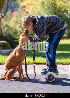 REDDING, CA, USA - 24. November 2015: Teenager Spaziergänge mit Hund selbstbalancierende Zweirad-Roller, auch genannt ein Hoverboard. Stockfoto