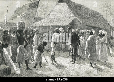 Sitzung des Henry Morton Stanley & Dr. David Livingstone 10. November 1871 in Ujiji, in der Nähe von Lake Tanganjika, Tansania, Osten, Afrika Stockfoto