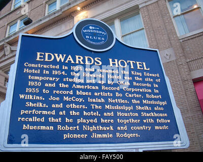 Melden Sie sich im Hotel Edwards (jetzt das Hilton Garden Inn) in Jackson, Mississippi, das Mississippi Blues Trail erinnert an Stockfoto