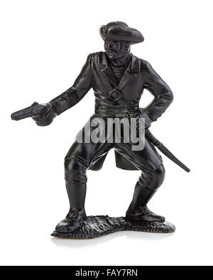 Böse Piraten mit Pistole Nahaufnahme isoliert auf einem weißen Hintergrund. Miniatur-Figur von Kinderspielzeug. Stockfoto