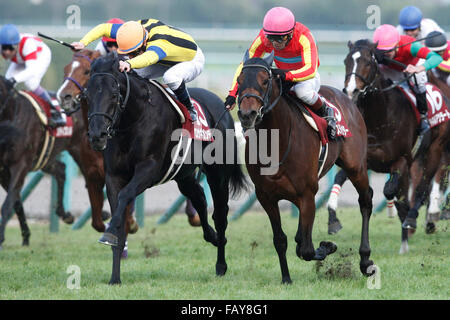 Hyogo, Japan. 26. Dezember 2015. (L-R) Rosa Gigantea (Mirco Demuro), Tanz-Direktor (Suguru Hamanaka) Pferderennen: Rosa Gigantea geritten von Mirco Demuro gewinnt den Hanshin Cup Hanshin Racecourse in Hyogo, Japan. © Eiichi Yamane/AFLO/Alamy Live-Nachrichten Stockfoto