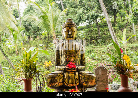 Indonesien, Tejakula, Bali, Hibiskusblüten auf Buddha-statue Stockfoto