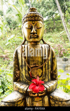 Indonesien, Tejakula, Bali, Hibiskusblüten auf Buddha-statue Stockfoto