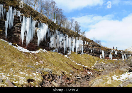 Vorhänge von Eiszapfen, Brecon Beacons National Park, Powys, South Wales, UK Stockfoto