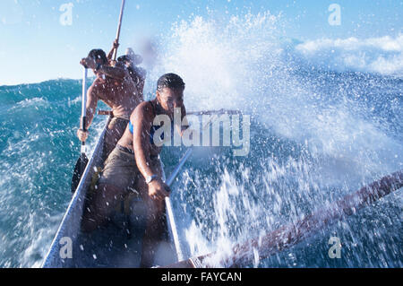 Big Island, Hawaii, Mauna Lani, South Kohala Coast, Surfen, Kanu, Weiblich & zwei Männchen fangen Welle Kohala Küste, Mauna Lani Stockfoto