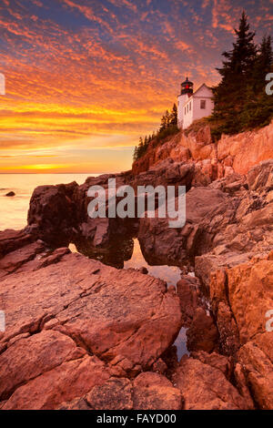 Der Bass Harbor Head Leuchtturm im Acadia National Park, Maine, USA. Während einer spektakulären Sonnenuntergang fotografiert. Stockfoto