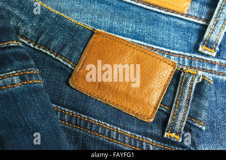 Jeans mit leeren braun Leder Label closeup Stockfoto