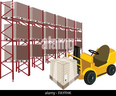 Angetrieben industrielle Gabelstapler, Gabel schwere Maschine, Gabelstapler oder Hubwagen Laden einer Holzkiste oder Cargo-Box im industriellen Geschirr Stock Vektor