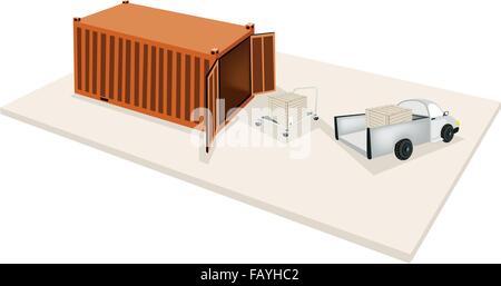 Die Hand LKW oder Dolly laden Holzkiste oder Cargo-Box von einem Pickup-Truck in Cargo-Container, bereit für den Versand oder Lieferung. Stock Vektor