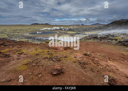 Lava und Moos Dämpfen in einer geothermischen Gebiet-Eldvorp, Halbinsel Reykjanes, Island Stockfoto