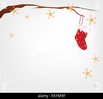 Ist eine schöne rote überprüft Weihnachtsstrumpf verziert mit roten und goldenen Sternen auf Schneeflocke Hintergrund, warten auf Santa Claus Stock Vektor