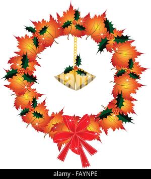 Adventskranz von grünen Ahornblättern geschmückt mit roten Schleifen, Sternen, Holly Blätter und goldenen Glocken, Zeichen für Weihnachten Celebr Stock Vektor