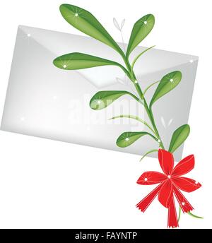 Mistel-Bündel oder Viscum Album mit einem Weihnachten Red Ribbon und Buchstaben oder Umschläge für die Weihnachtsfeier, Isolated on White Stock Vektor